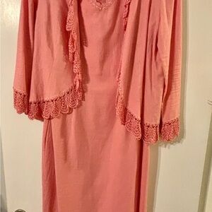 Elegant EmmaJames Coral Pink  crochet Trimmed Dress with crochet trimmed jacket